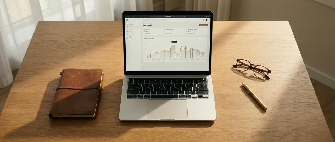 Coaching workspace with notes, reflections, and objects laid out on a desk